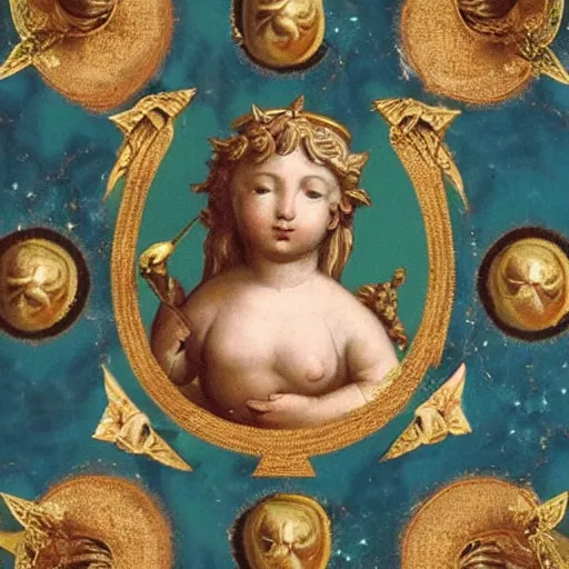 Image similar to Saint Woman, Putti, Venus, Athena, Sistina, baroque, marble and gold, stars, space, sun, deep green, bronze