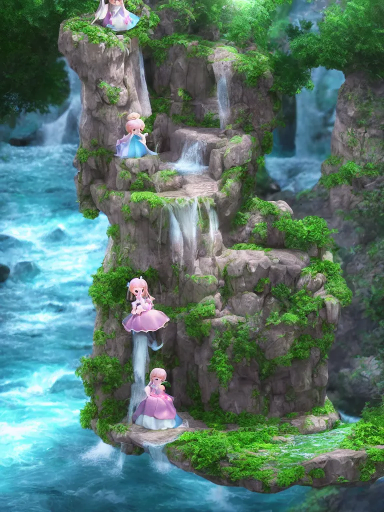Prompt: cute fumo plush of a princess girl in a tower on a tiny island with a long flowing waterfall, floating island, vignette, vray