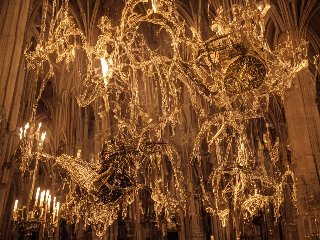 Prompt: an exploding horse in chandelier. hanging in a cathedral full of vomit