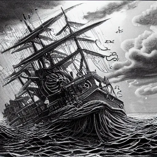 Image similar to a highly detailed hyperrealistic scene of a ship being attacked by giant squid tentacles, jellyfish, squid attack, dark, voluminous clouds, thunder, stormy seas, pirate ship, dark, high contrast, yoji shinkawa, scary, m.c. Escher, highly detailed, brutal, beautiful, octopus arms attacking the ship from the storm, illusion