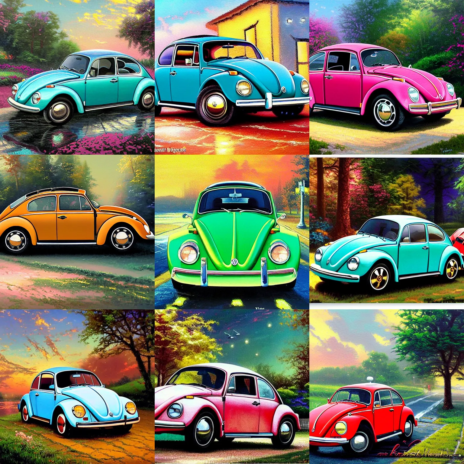 Prompt: painting of a 1970 vw beetle painted by thomas kinkade