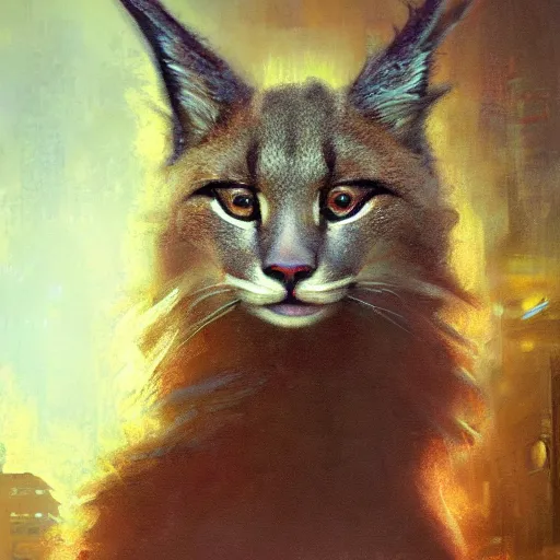 Prompt: cute fluffy caracal, hyperrealistic portrait, bladerunner street, art of elysium by jeremy mann and alphonse mucha, fantasy art, photo realistic, dynamic lighting, artstation, poster, volumetric lighting, very detailed face, 4 k, award winning