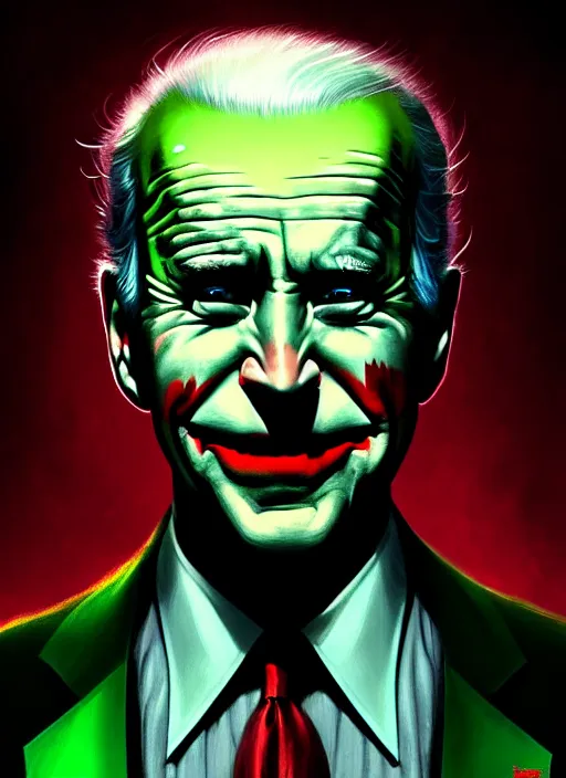 Image similar to portrait of joe biden as the joker, green hair, intricate, elegant, glowing lights, highly detailed, digital painting, artstation, concept art, sharp focus, illustration, art by wlop, mars ravelo and greg rutkowski