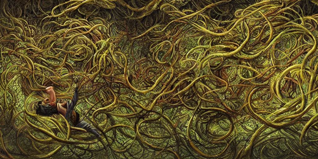 Image similar to the word FLEX made of extremely thick vines intertwined, central composition, high saturation, epic lighting, in the style of Peter gric and Hannah yata 8k