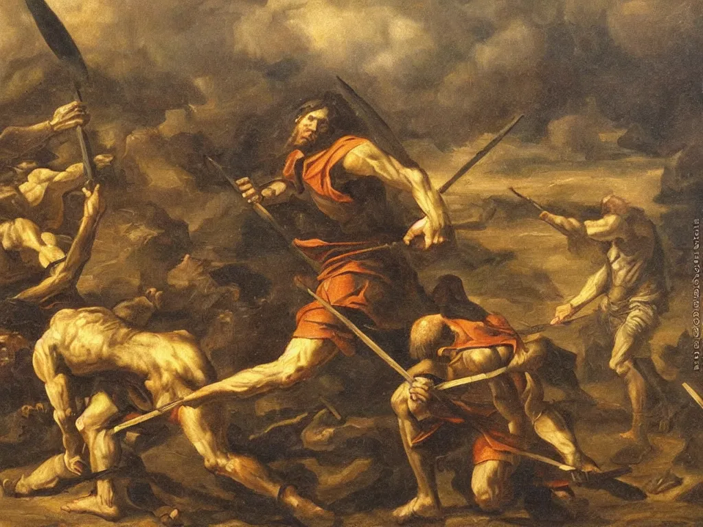 Prompt: Cain slaying Abel with a spear, oil painting, moody, dramatic, detailed