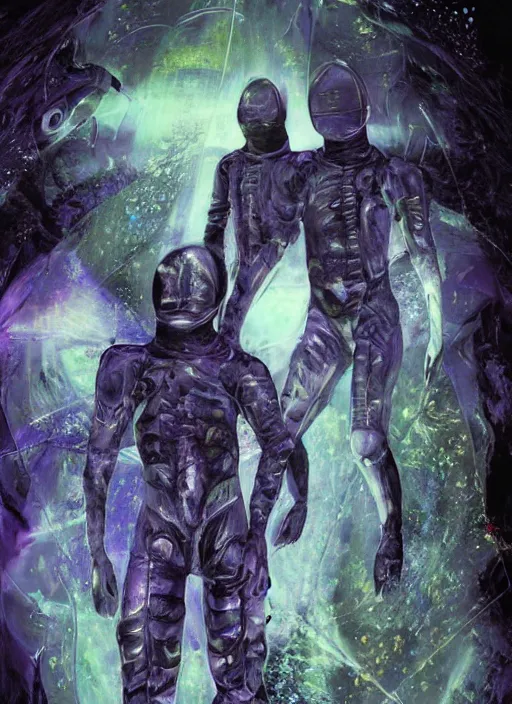 Image similar to astronauts in the dark infinite underwater void - complex and hyperdetailed technical suit, fabric material. reflection and dispersion materials. rays and dispersion of light. volumetric light. wide angle, f / 3 2. noise film photo. flash photography. ultra realistic, wide angle. poster by wayne barlowe, hajime sorayama aaron horkey, craig mullins