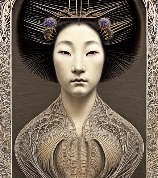 Prompt: detailed realistic beautiful geisha face portrait by jean delville, gustave dore, iris van herpen and marco mazzoni, art forms of nature by ernst haeckel, art nouveau, symbolist, visionary, gothic, neo - gothic, pre - raphaelite, fractal lace, intricate alien botanicals, ai biodiversity, surreality, hyperdetailed ultrasharp octane render