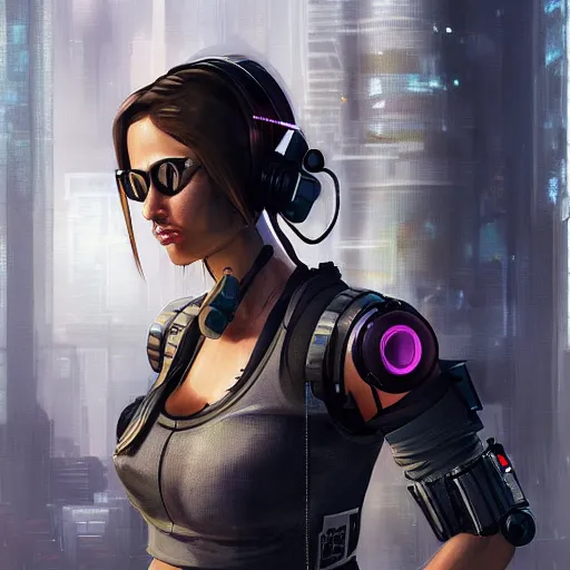 Prompt: Beautiful Sophia. gorgeous female cyberpunk mercenary wearing a cyberpunk headset, military vest, and jumpsuit. Gorgeous face. Concept art by Sherree Valintine Daines. ArtstationHQ. Creative character design for cyberpunk 2077.