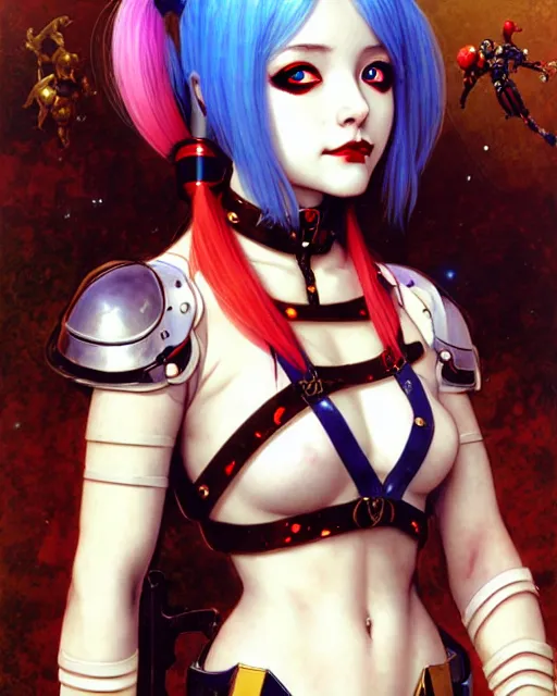 Image similar to portrait of beautiful cute maiden anime harley quinn girl in warhammer mechanical armor, high details, art by ( ( ( kuvshinov ilya ) ) ) and wayne barlowe and gustav klimt and artgerm and wlop and william - adolphe bouguereau