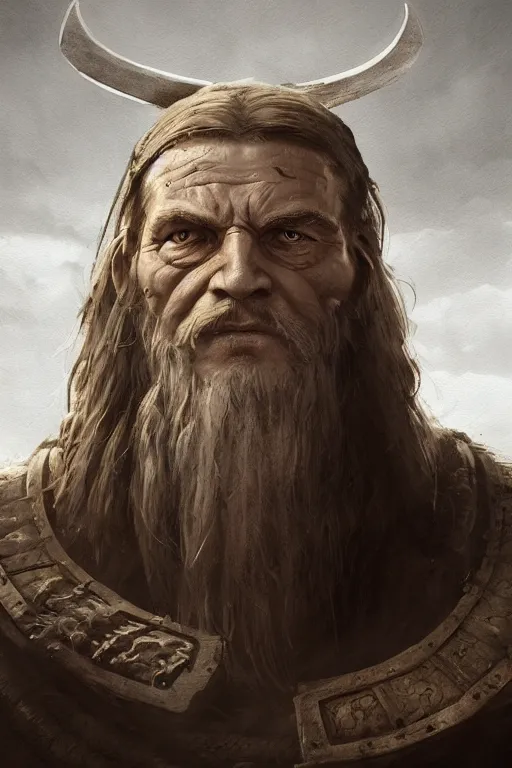 Image similar to portrait, face of a old viking King, face portrait, raphael lacoste, eddie mendoza, alex ross, concept art, matte painting, highly detailed, rule of thirds, dynamic lighting, cinematic, detailed, denoised, centerd