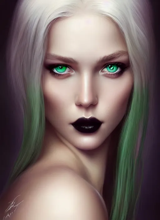 Prompt: a beautiful portrait, sexy fantasy. professionally retouched, soft lighting, wearing sexy black dessous, realistic, smooth face, perfect green eyes, long white hair with black highleights, wide angle, sharp focus on the eyes, 8 k high definition, insanely detailed, intricate, elegant, art by artgerm and wlop