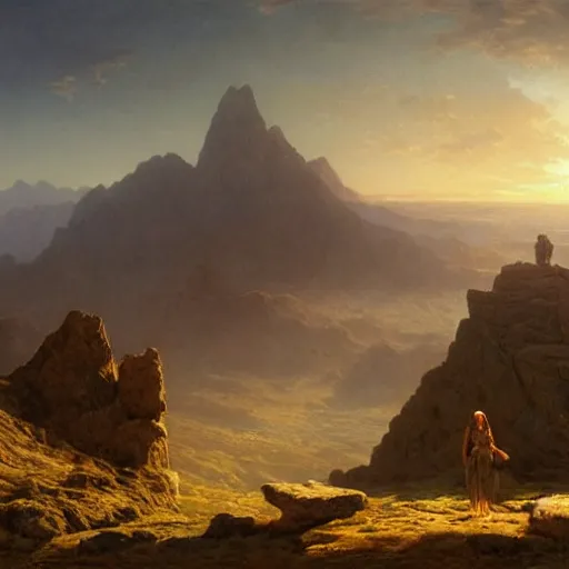 Image similar to an ultradetailed matte landscape painting of a large mountain made into a sculpture of a woman, sunrise on the horizon in the background, stone hand raised up, 8 k, art by greg rutkowski and albert bierstadt