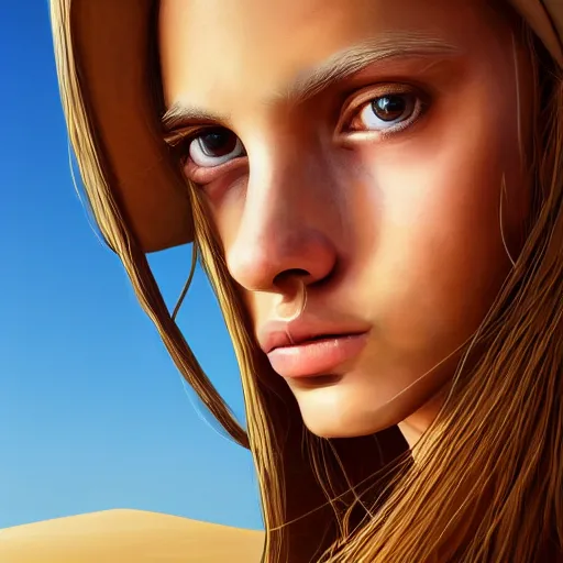 Prompt: a detailed portrait of a girl in the desert, art illustration, incredibly highly detailed and realistic, 8 k, sharp focus