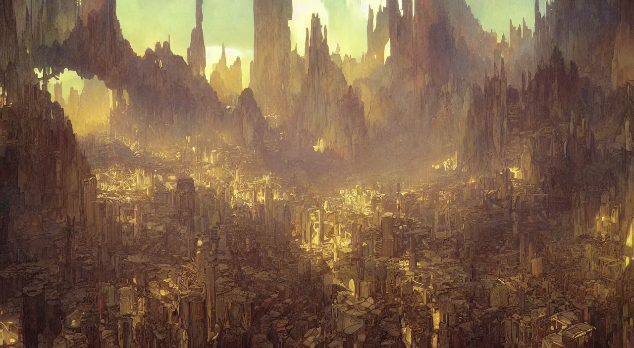 Image similar to A beautiful landscape painting of dystopian future by Alfons Maria Mucha and Yoshitaka Amano and ted nasmith