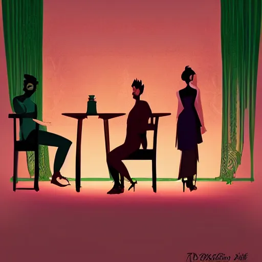 Prompt: ornate by ross tran silhouette, emerald. a digital art of two people, a man & a woman, sitting at a table. the man is looking at the woman with interest. the woman is not interested in him. there is a lamp on the table between them.