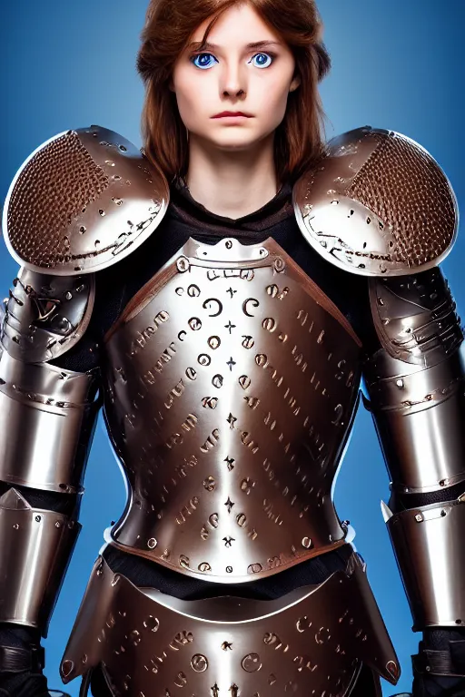 Image similar to female knight, brown hairs, no helmet, blue eyes, armor created by louis vuitton, lv logos, symmetrical, cinematic, elegant, professional studio light, real dlsr photography, sharp focus, 4 k, ultra hd, sense of awe