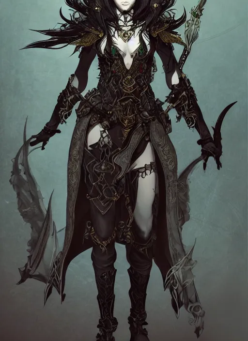 Image similar to Full body portrait of a lively young beautiful elven female in ornate rogue attire. In style of Yoji Shinkawa and Hyung-tae Kim, trending on ArtStation, dark fantasy, great composition, concept art, highly detailed, dynamic pose.