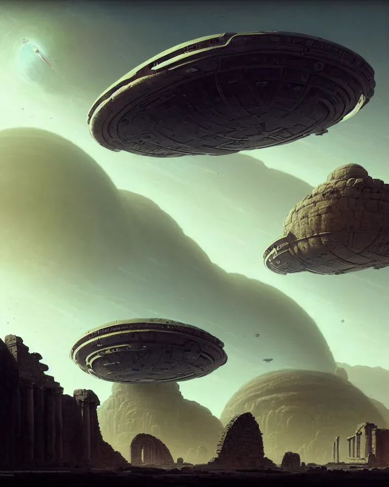 Image similar to large alien spacecraft hovering in the sky an a wasteland alien exoplanet and ancient ruins in background and alien planet with craters and large stone structures by bruce brenneise and peter mohrbacher, hyperrealistic very detailed landscape concept art, 3 d render, neosurrealism. digital concept art, pixel art, rendered in octane, trending on cgsociety, trending on artstation