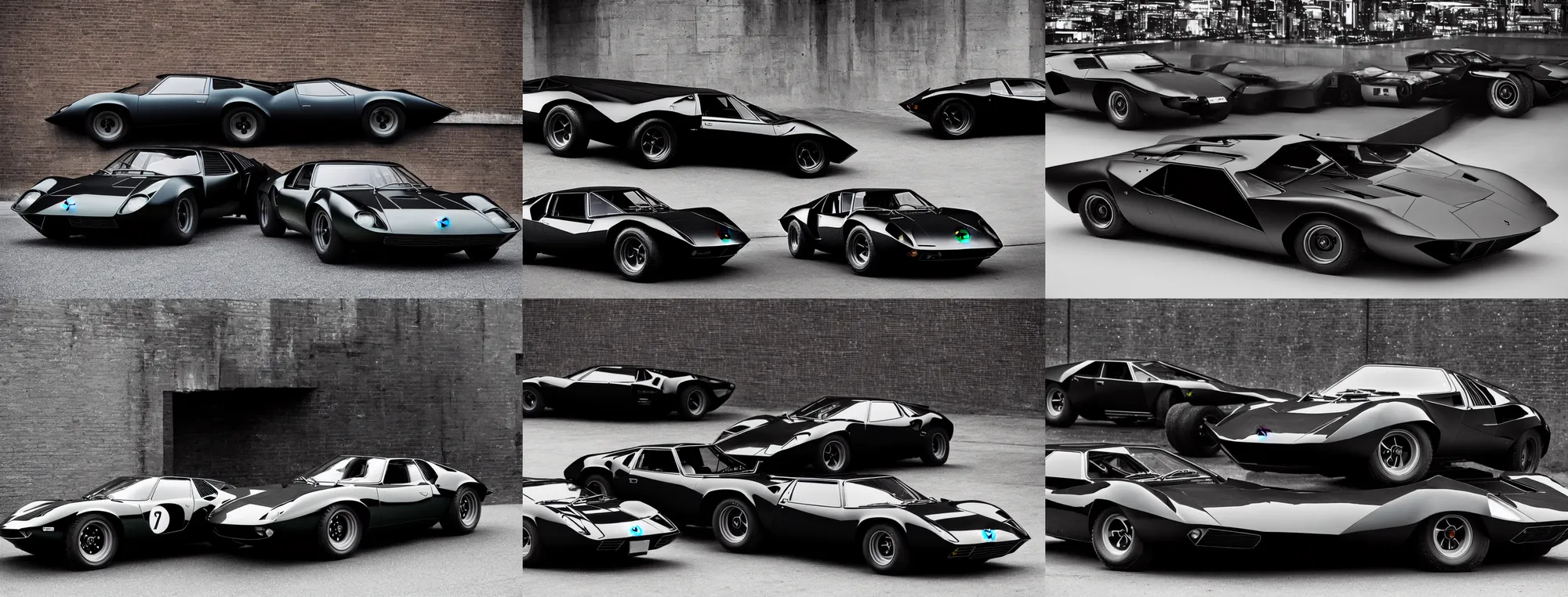 Prompt: 1969 lamborghini miura as batmobile in a dark, industrial gotham city, stealth bomber