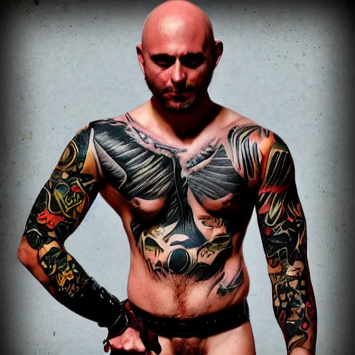 Image similar to muscular bald man, tattooed body, sword in hands, HD, anime style,