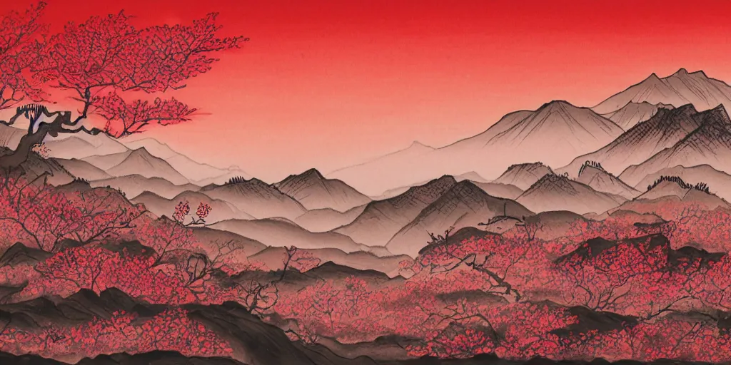 Image similar to jappanese ink painting of a blooming cherry blossom forest with mountains in the background and a deep red sun, colorful, detailed