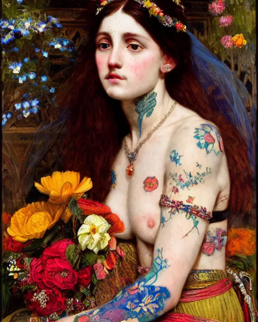 Image similar to a beautiful girl in a wedding dress with colourful tattoos surrounded by colourful flowers orientalist intricate portrait by john william waterhouse and edwin longsden long and theodore ralli and nasreddine dinet, oil on canvas. cinematic, hyper realism, dramatic lighting, high detail 8 k