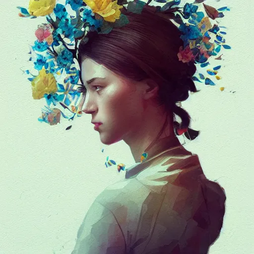 Image similar to Ukrainian girl with a flowers profile picture by Greg Rutkowski, asymmetrical, Organic Painting , Matte Painting, geometric shapes, hard edges, dark mood, street art, trending on the artstation, realistic:2 by Sachin Teng:4, blur: -4