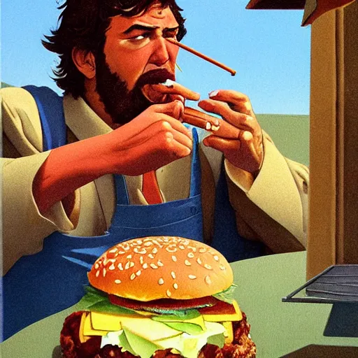 Image similar to a hamburger smoking a cigarette, high detail, fantasy illustration by angus mcbride