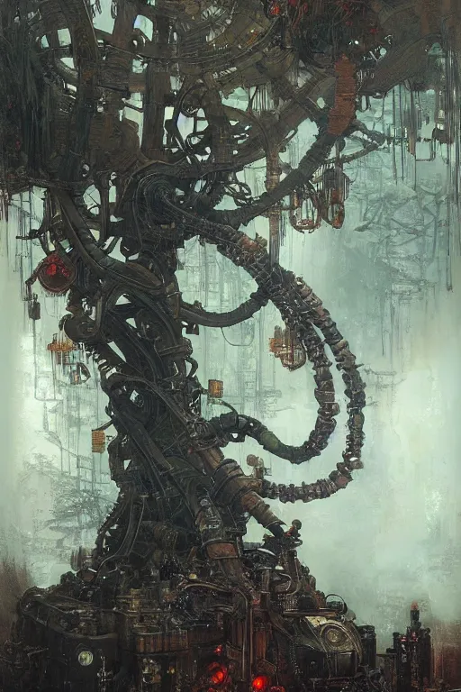 Image similar to dieselpunk tree made from engines, painted by ruan jia, raymond swanland, lawrence alma tadema, zdzislaw beksinski, norman rockwell, jack kirby, tom lovell, alex malveda, greg staples