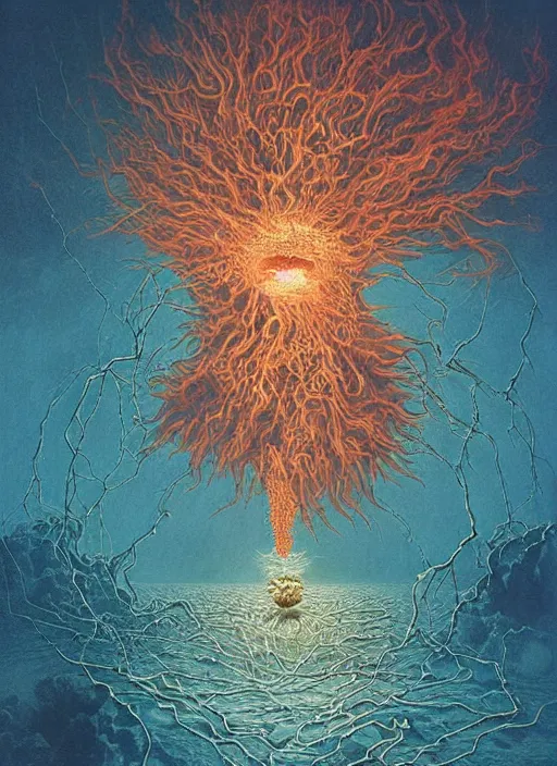 Prompt: exploding, cracking planets and moons engulfed in flames in the style of, pascal blanche, surreal, beksinski, high detailed