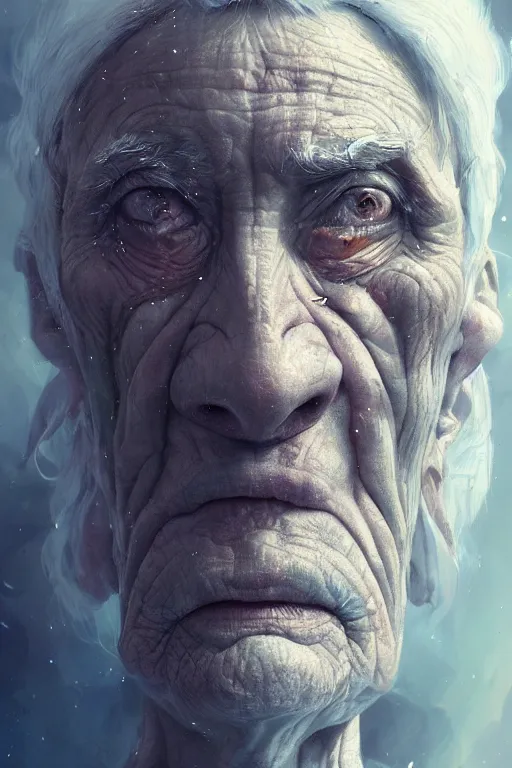 Image similar to the look of an elderly person full of wrinkles and imperfections by artgem and greg rutkowski, highly detailed, high contrast, trippy, nebula, trending on artstation