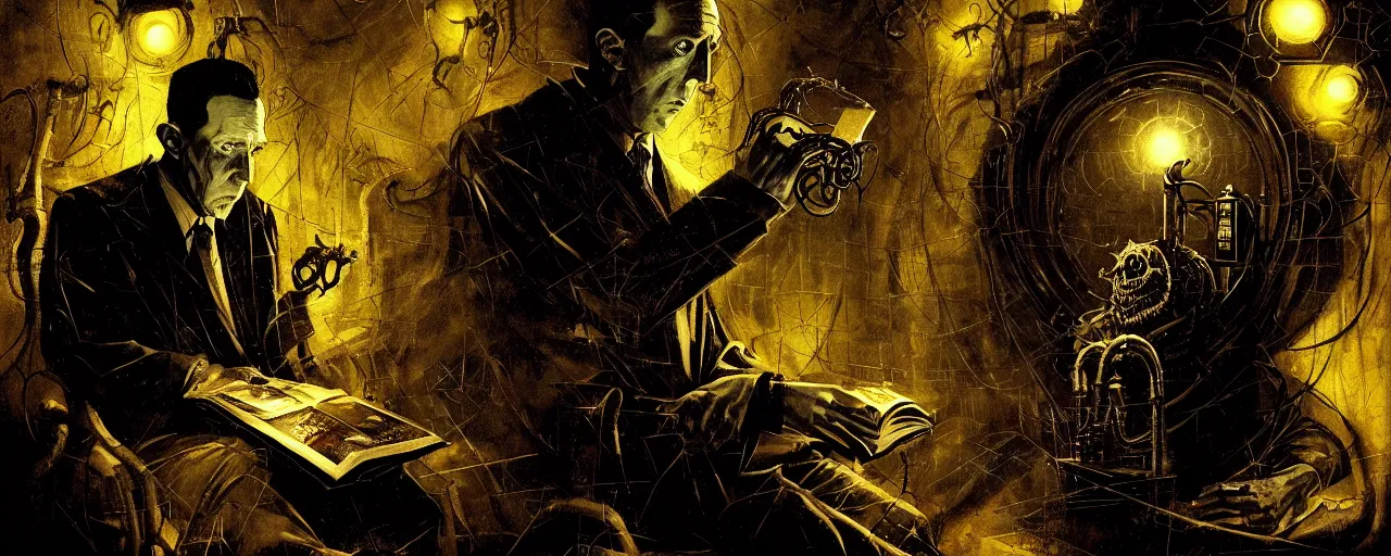 Image similar to dark scifi illustration 3 / 4 portrait of hp lovecraft reading necronomicon. cinematic lighting mad scientist style. golden ratio accidental renaissance. by dave mckean. graffiti art, scifi, fantasy, hyper detailed. octane render. concept art. trending on artstation