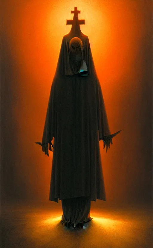 Image similar to an old priest in templar armor, king of hell, in the style of zdzislaw beksinski, glowing light and shadow, hyperrealist