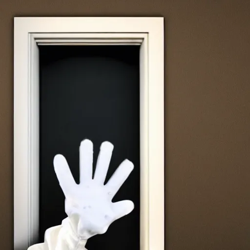 Prompt: a disembodied white gloved hand sticking out from behind a dark doorway, waving at a terrified boy watching tv in a living room, haunted, scary