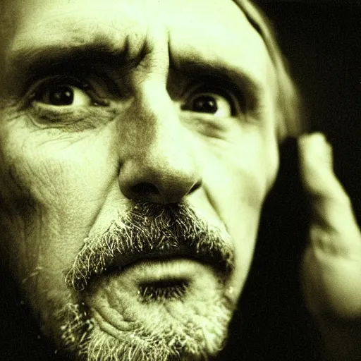 Image similar to portrait, extreme close up, sepia, beautiful light - dennis hopper, stares at the camera, night sky, stars, bruce gilden, leica s, fuji 8 0 0, grainy, low light