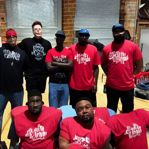 Image similar to elon musk hangs out with the bloods and crips, holding guns, team photo with the boys