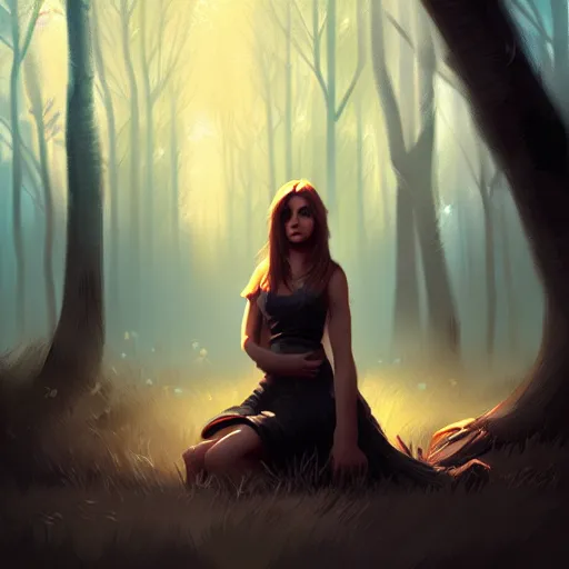 Prompt: a pretty girl surrounded by wolves, in the woods, digital painting, photorealistic, in the style of greg rutkowski, full body, detailed face