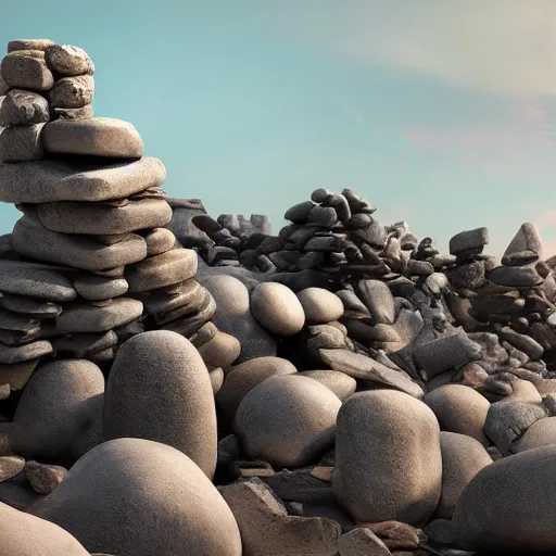 Image similar to sculpture made of piled stones, wood, nails, sunlit, photorealistic, 3 d rendering, higly detailed, minimalist, made with unreal engine, cgsociety, by yves tanguy, by nate boyce, by david smith