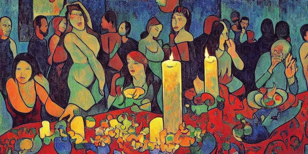 Image similar to a party at midnight, modern indoors, bay area, candles, hot tub, friendship, hope, art by paul gaugin