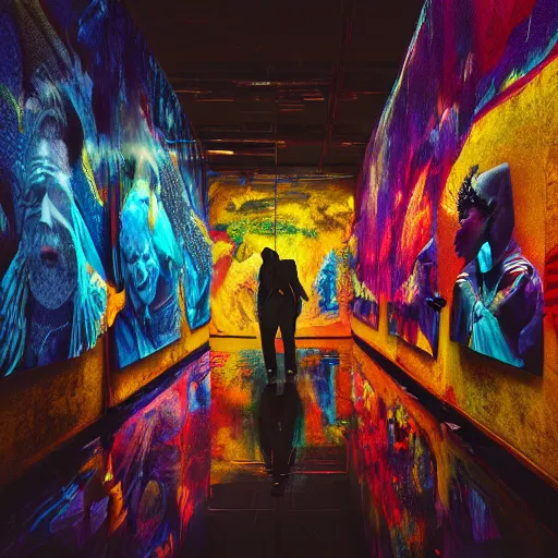 Image similar to cinematic shot epic hall of creatives, walls of large moving images, hyper realistic, mood lighting, fantasy, detailed people creating colorful diverse art, highly detailed, super realistic, perfect lighting pixel sorting, style sheet