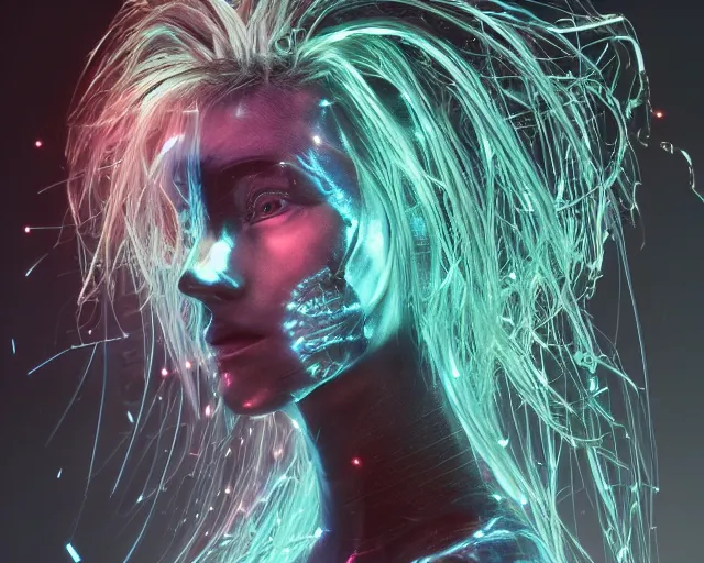 Image similar to glowing hair, complex cybernetic beings, beautiful hairy humanoids, cybermagnetosphere, cybernetic civilizations, ornate hair, love, joy, vortexes, large arrays, data holograms, 8 k, cinematic light shadows, wet hdr refractions, *, * * *, * * * * *