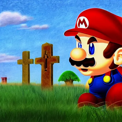 Image similar to An elderly Mario wearing his red cap kneels in a graveyard. In front of him, there is a tombstone with a drawing of Yoshi\'s head chiseled into it. The trees in the graveyard are bare. The art evokes a sensation of loss and nostalgia. Digital art