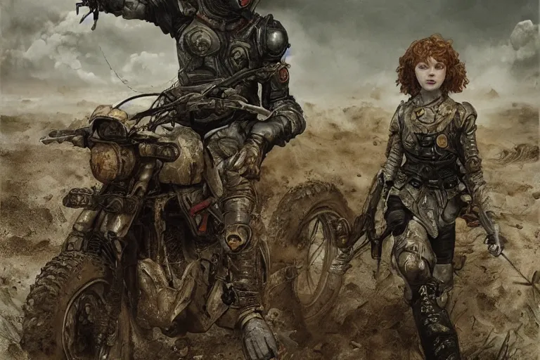 Image similar to sadie sink runs fast. cyborg behind. dirt, fantasy, soviet dystopian art by ayami kojima, vasnetsov, cedric peyravernay