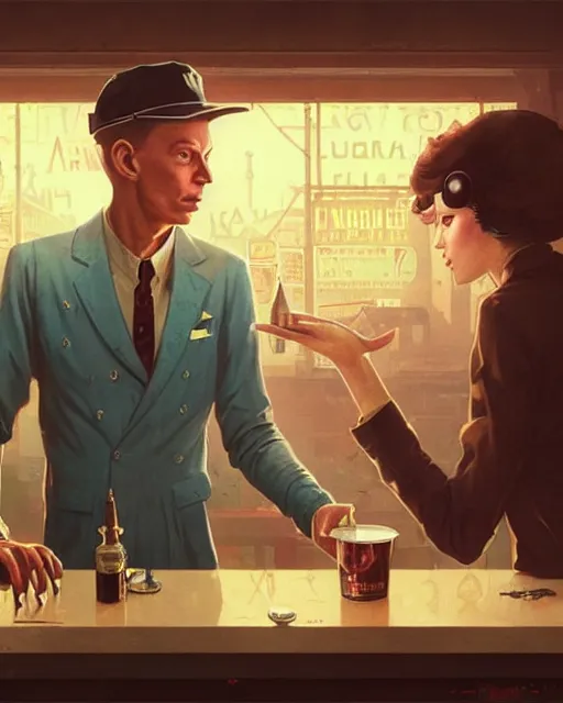 Prompt: young Frank Sinatra as a poor 1950s bartender, dystopia, 1980s Soviet Russia, steampunk, cyberpunk Stephen Bliss, unreal engine, fantasy art by Greg Rutkowski, Loish, Rhads, Makoto Shinkai and Lois van baarle, ilya kuvshinov, rossdraws global illumination, radiant light, detailed and intricate environment