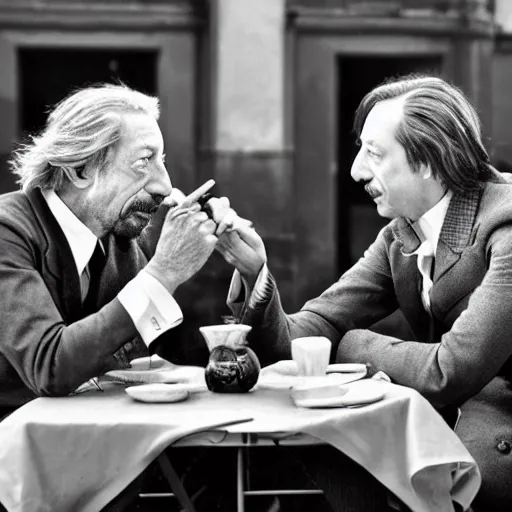 Image similar to jean rochefort and mathieu amalric, symmetric, realistic, realism, early 2 0 th century gentlemen, sitting at coffee table, smoking a cigar.