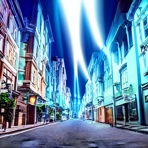 Image similar to a volumetric city of pure blue light, beautiful street with city structures of blue light emission, perspective looking through augmented reality, this town is rendered but the street is real life, photo