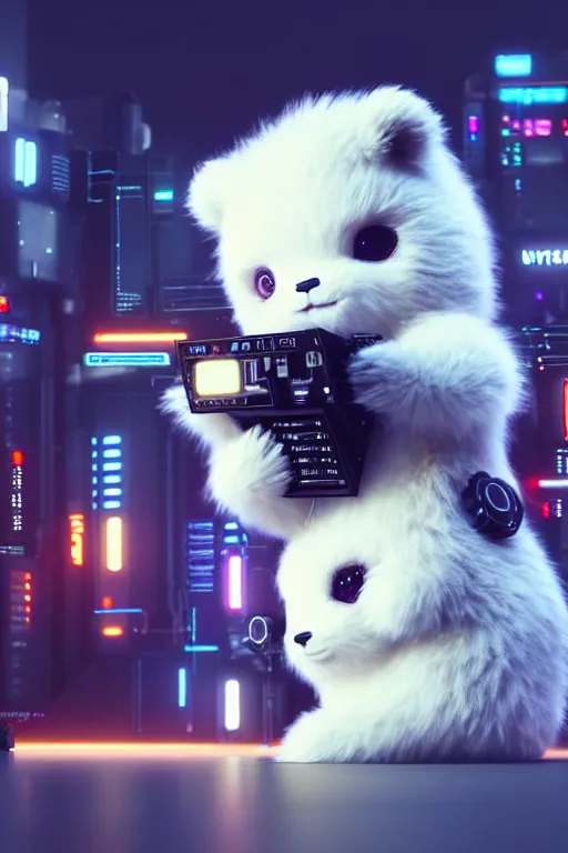 Image similar to high quality 3 d render very cute fluffy cyborg!! bear plays moog synthesizer, cyberpunk highly detailed, unreal engine cinematic smooth, in the style of blade runner & detective pikachu, hannah yata charlie immer, moody light, low angle, uhd 8 k, sharp focus