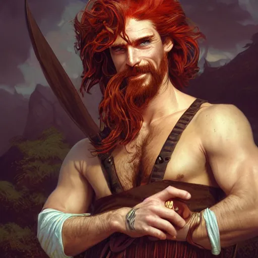 Image similar to portrait of a young ruggedly handsome but joyful pirate, male, masculine, upper body, red hair, long hair, d & d, fantasy, dirty smirk, intricate, elegant, highly detailed, digital painting, artstation, concept art, matte, sharp focus, illustration, art by artgerm and greg rutkowski and alphonse mucha