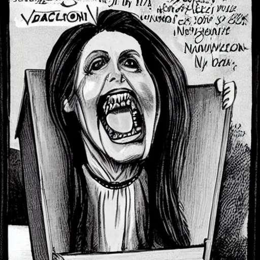 Image similar to demonic nancy pelosi in a coffin