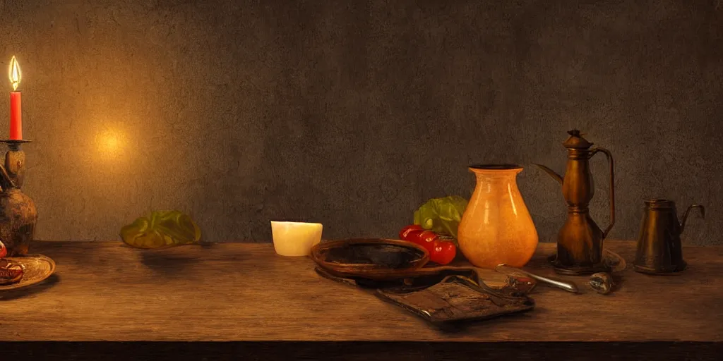 Prompt: Still art, the antique old table with antique ceramic jug with palms inside, candle near jug and vegetables on table, cinematic light, digital art